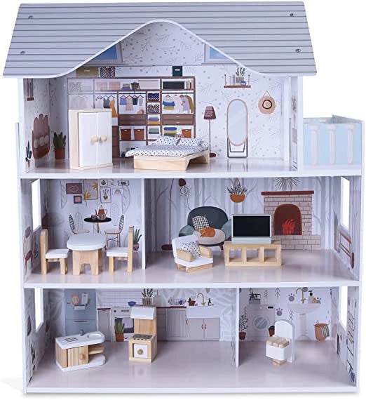 Casa Delle Bambole In Legno Casa delle bambole di legno Con Accessori mobili Piani Inclusi 2-6 anni Gioco Fai Te Dollhou