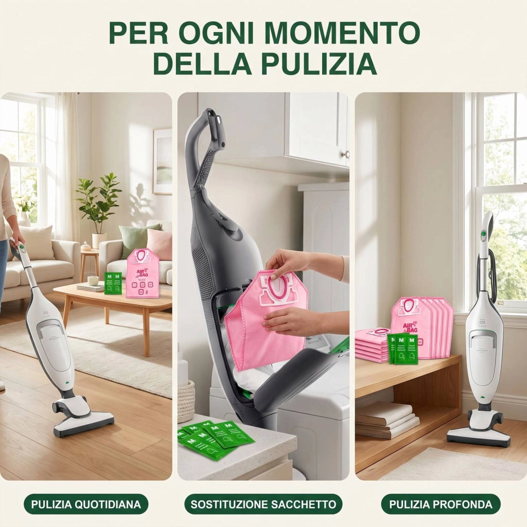 Kit 12 Sacchetti Compatibili Folletto VK200/220 a 5 Strati con 12 Bustine Granuli Profumati Filtrazione ad Alta Efficien