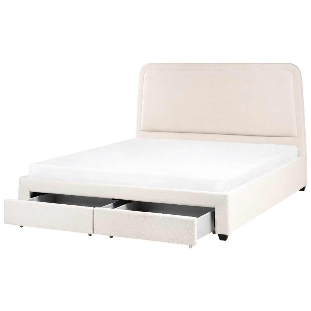 Letto imbottito in bouclé bianco sporco 180 x 200 cm Design scandinavo con morbidi cassetti sulla testiera
