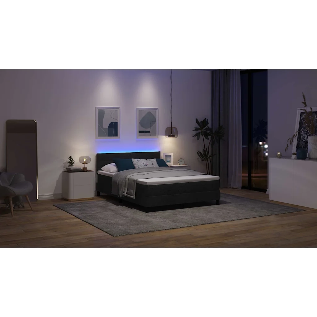 Letto a molle con materasso con led Nero 160 x 200 cm Tessuto