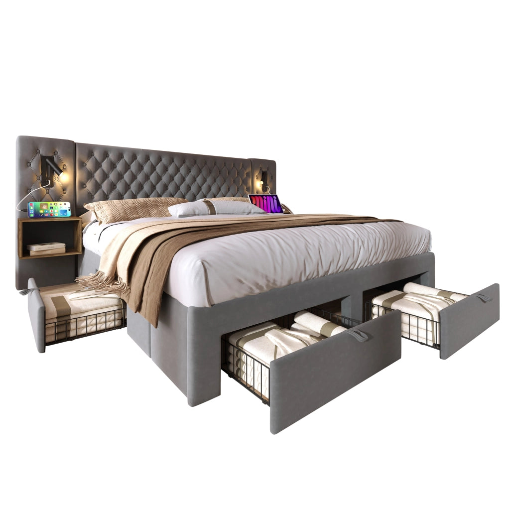 Set camera completo – 160x200 cm – 2 comodini 4 cassetti luce USB – velluto grigio