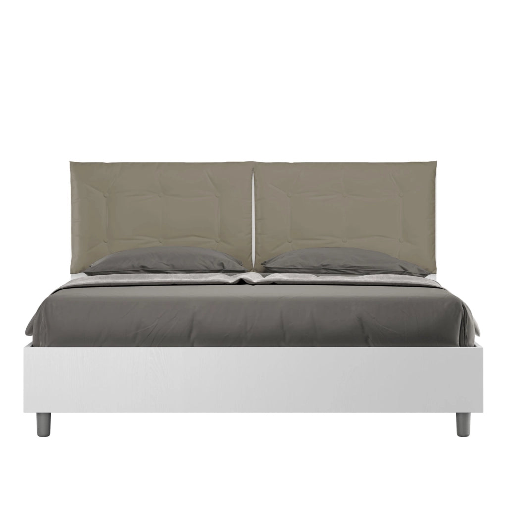 BS COM Letto matrimoniale con rete 160x200 bianco frassino cuscini similpelle cappuccino