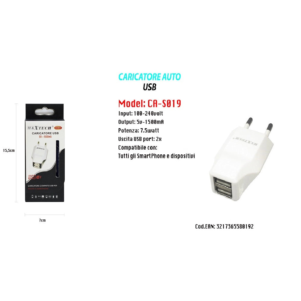 Trade Shop - Caricatore Usb Auto Portatile Cellulare Smartphone 5v - 1500ma Maxtech 7.5w S019 -