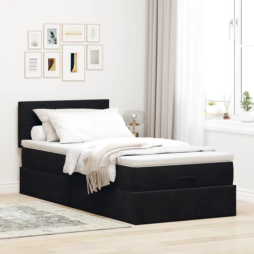 Struttura Letto Pouf con Materasso Nero 90x200 cm in Velluto 3312598