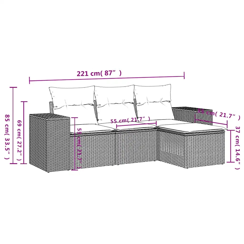 Set Divano da Giardino 4pz con Cuscini Grigio Chiaro Polyrattan