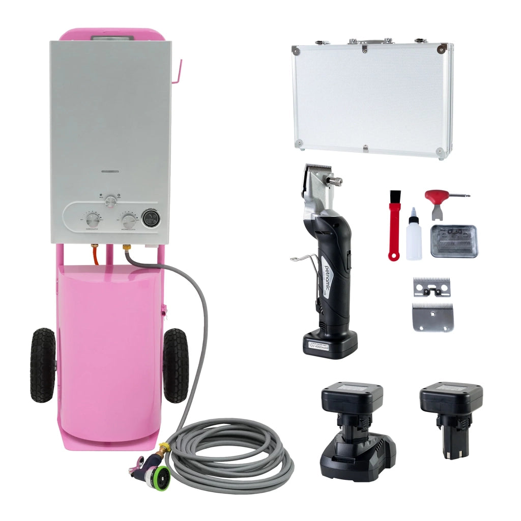 Doccia Cavalli Portatile e Tosatrice Senza Filo Caldaia Rosa 18L Kit Grooming
