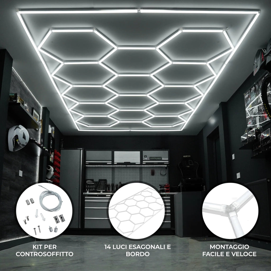 Illuminazione LED Esagonale 14x 6000K con Cornice per Garage e Palestra