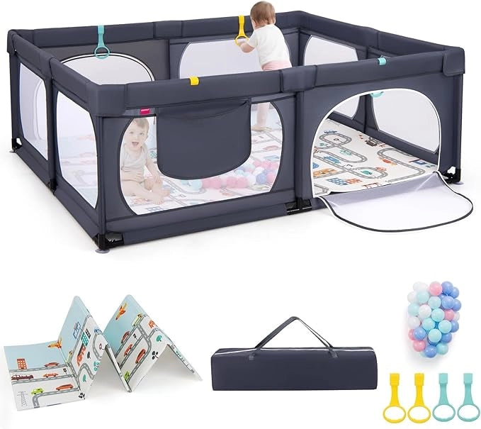 Box per Bambini con Materassino, Recinto per Bambini 189 x 158 cm con 4 Anelli e 50 Palline Colorate, Rete Traspirante, Tasca e Borsa, Box Giochi per Bambino 0-3 Anni (Grigio Scuro)