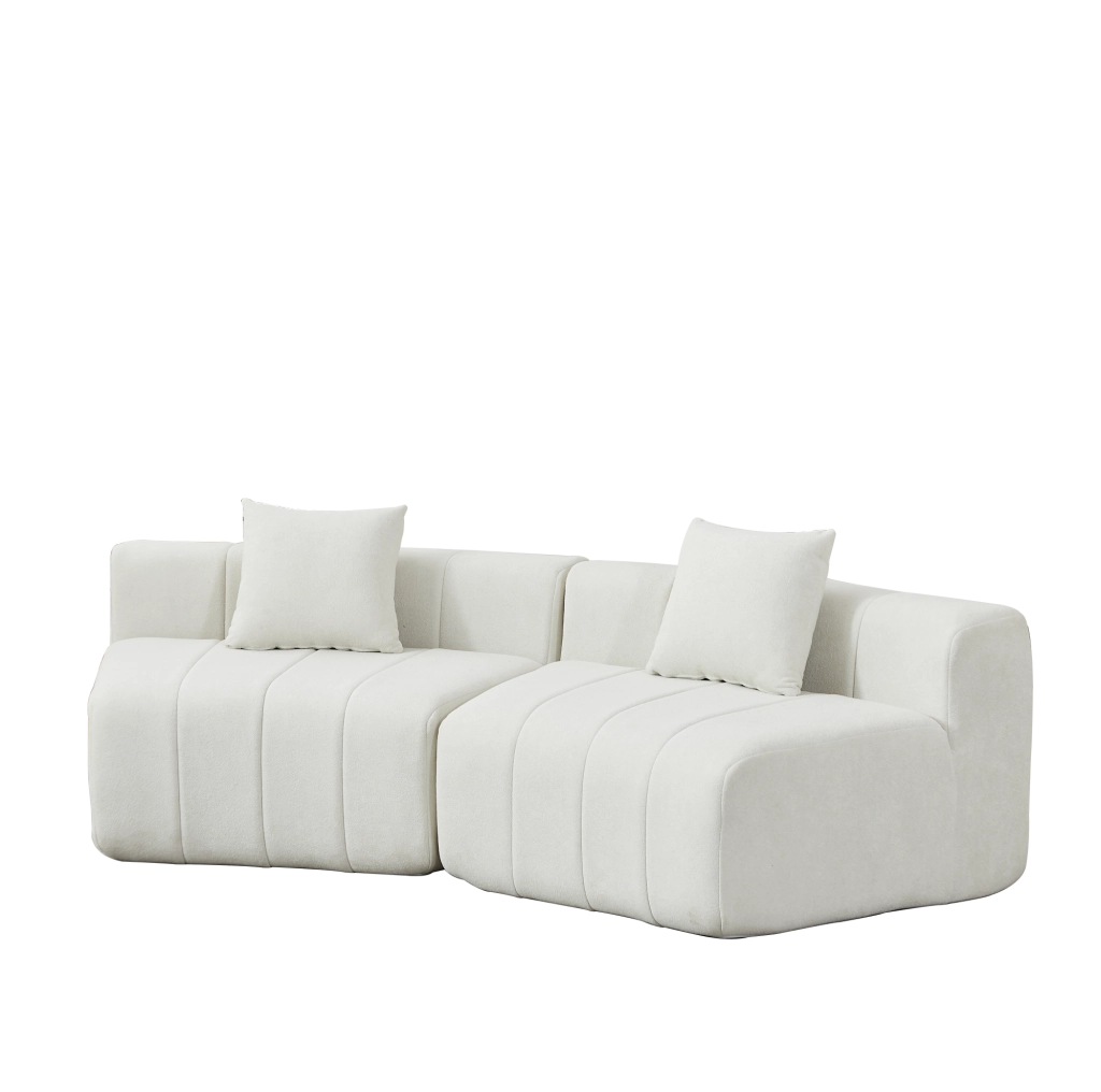 Modulo divano curvo in ciniglia beige con 2 cuscini