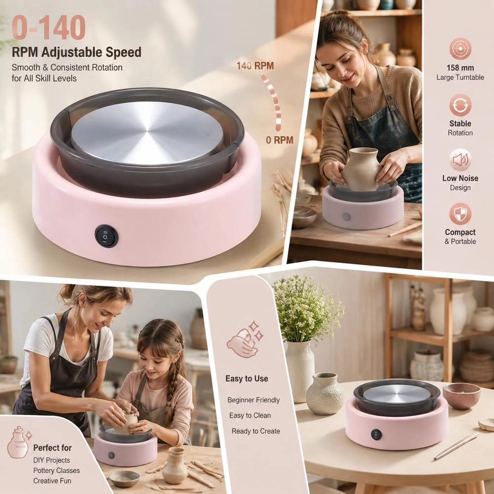 Mini Pottery Wheel Machine, 158 Mm Turntable With Adjustable Rotation Speed (0-140 Rpm), Electric Clay Wheel With Clay Shaping Tools For DIY Pottery Classes, Pink Round