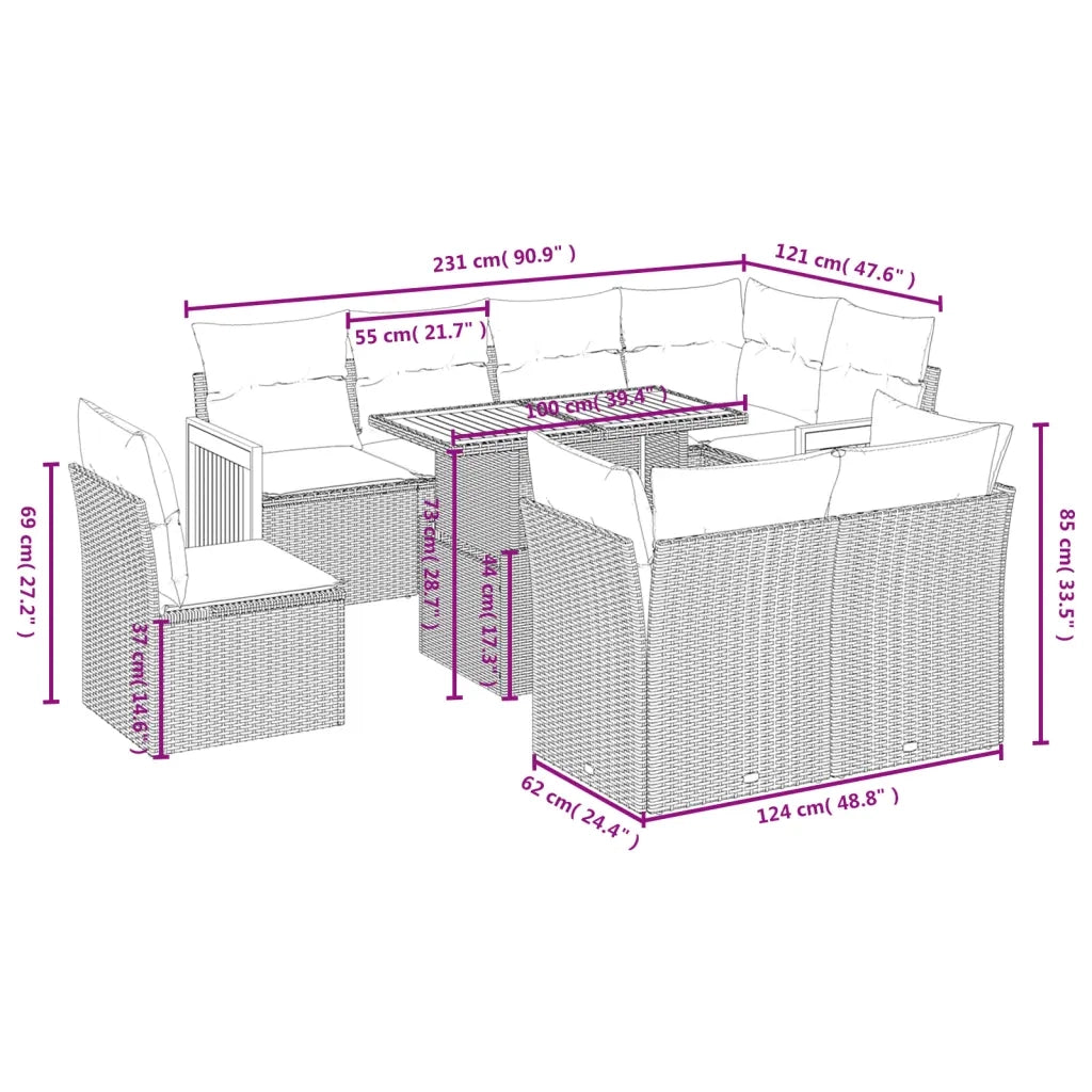 Set Divano da Giardino 9 pz con Cuscini Beige in Polyrattan 3274055