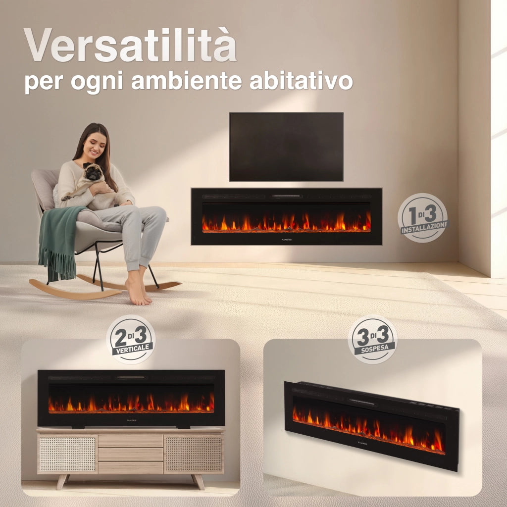 KAMINIO Camino elettrico MARLON - Camino elettrico 3 in 1 con riscaldatore, effetto fiamma 3D, 12 colori di fiamma, telecomando - 70 pollici