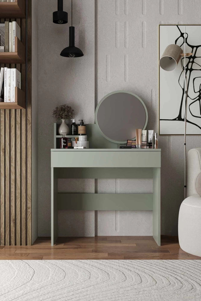 Comodino "Harmony Mini Round" con specchio in legno - 90 x 40 x 133 cm - Verde