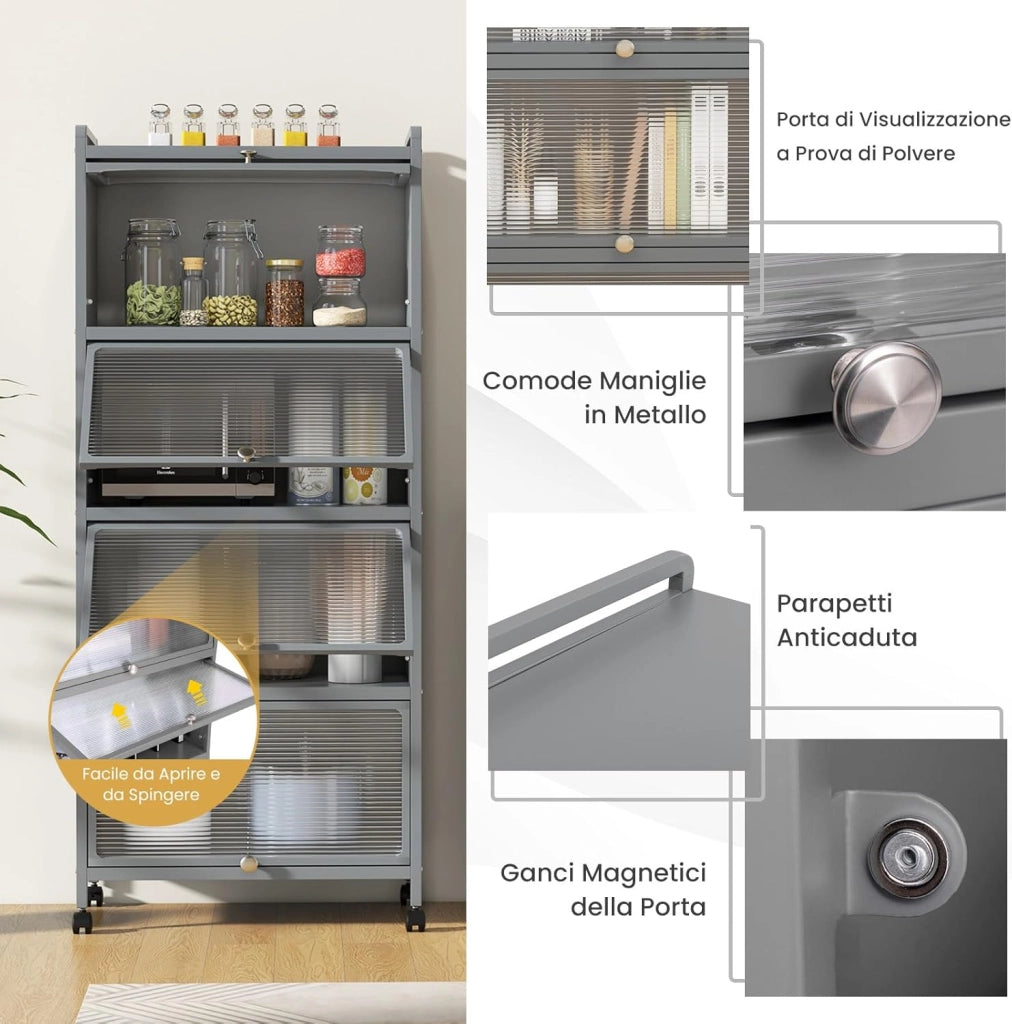 Armadio da Cucina a 5 Piani, Mobile per Microonde con Porte PC a Scomparsa, con 4 Ruote Girevoli, per Sala da Pranzo Soggiorno e Studio, 60x32x154 cm (Grigio)