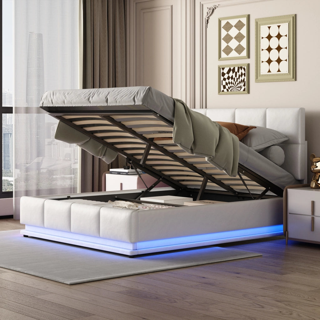 Letto doppio imbottito 140x200cm con luce LED e riporto sotto il letto bianco