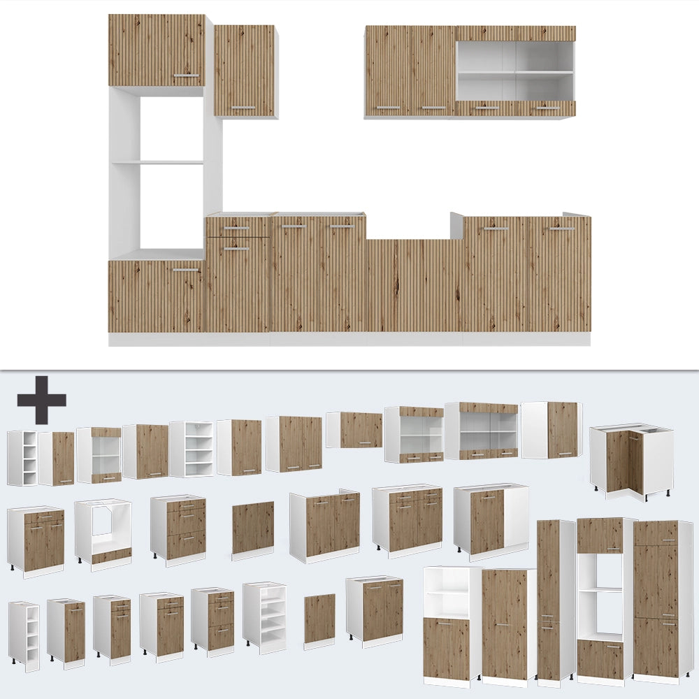 Cucina componibile R-Line Rovere artigianale/Bianco 300 cm con armadio alto, senza piano di lavoro Vicco