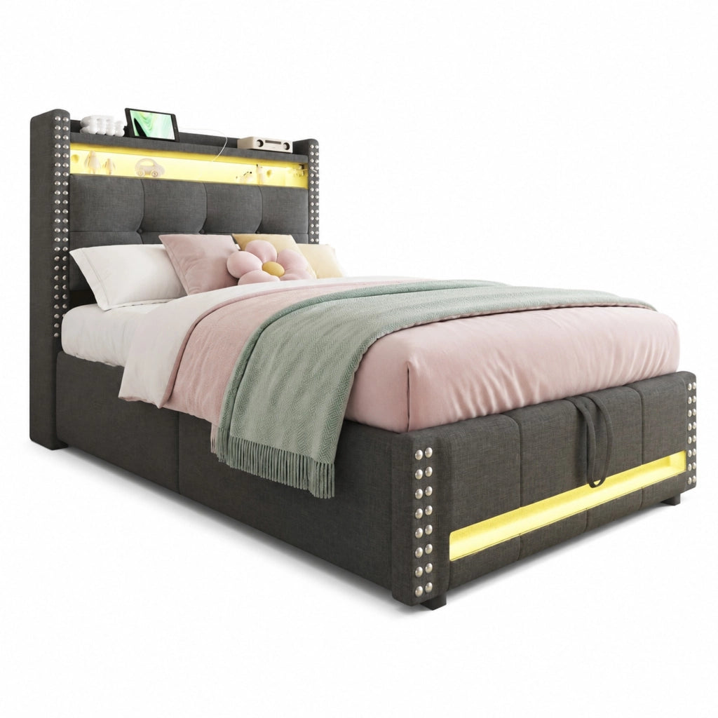 Letto imbottito singolo grigio 90 x 200 cm con LED, USB e contenitore