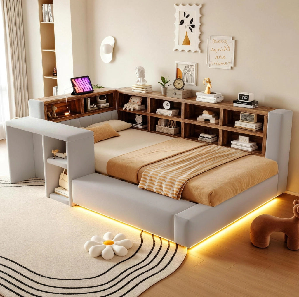 LETTO imbottito 90x200 cm Grigio chiaro con vani contenitore, LED e prese