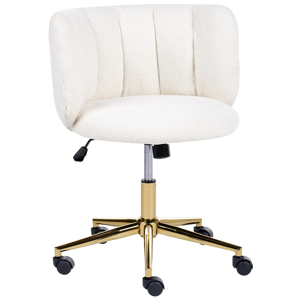 Sedia da scrivania per l'ufficio domestico in bouclè bianco con base girevole in ferro, schienale reclinabile, regolazione in altezza, stile retrò