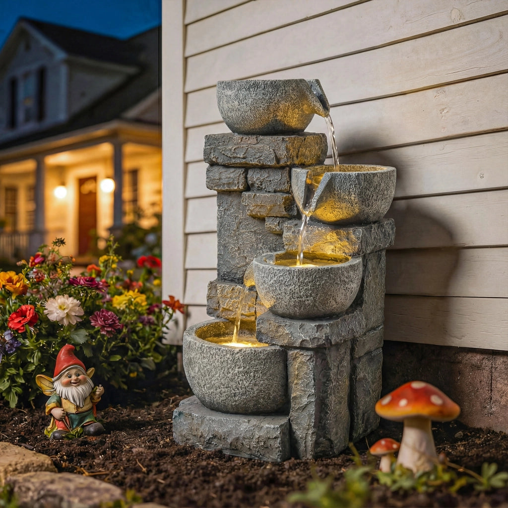 Fontana da giardino a 4 livelli con illuminazione LED e pompa ¨C Minimal ¨C Grigio