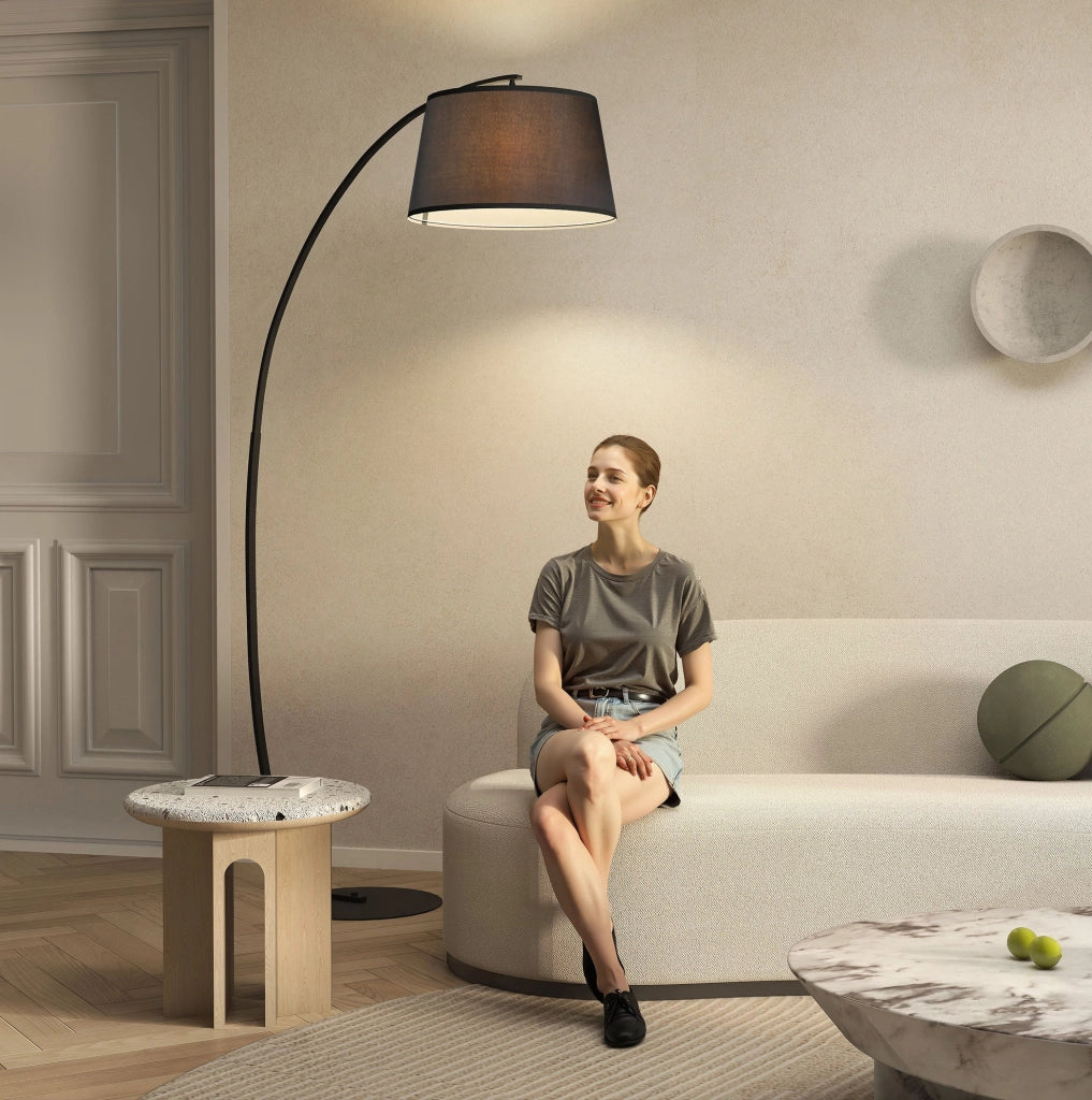 Lampada da terra ad arco 105x47x190 cm in metallo nero con paralume in tessuto