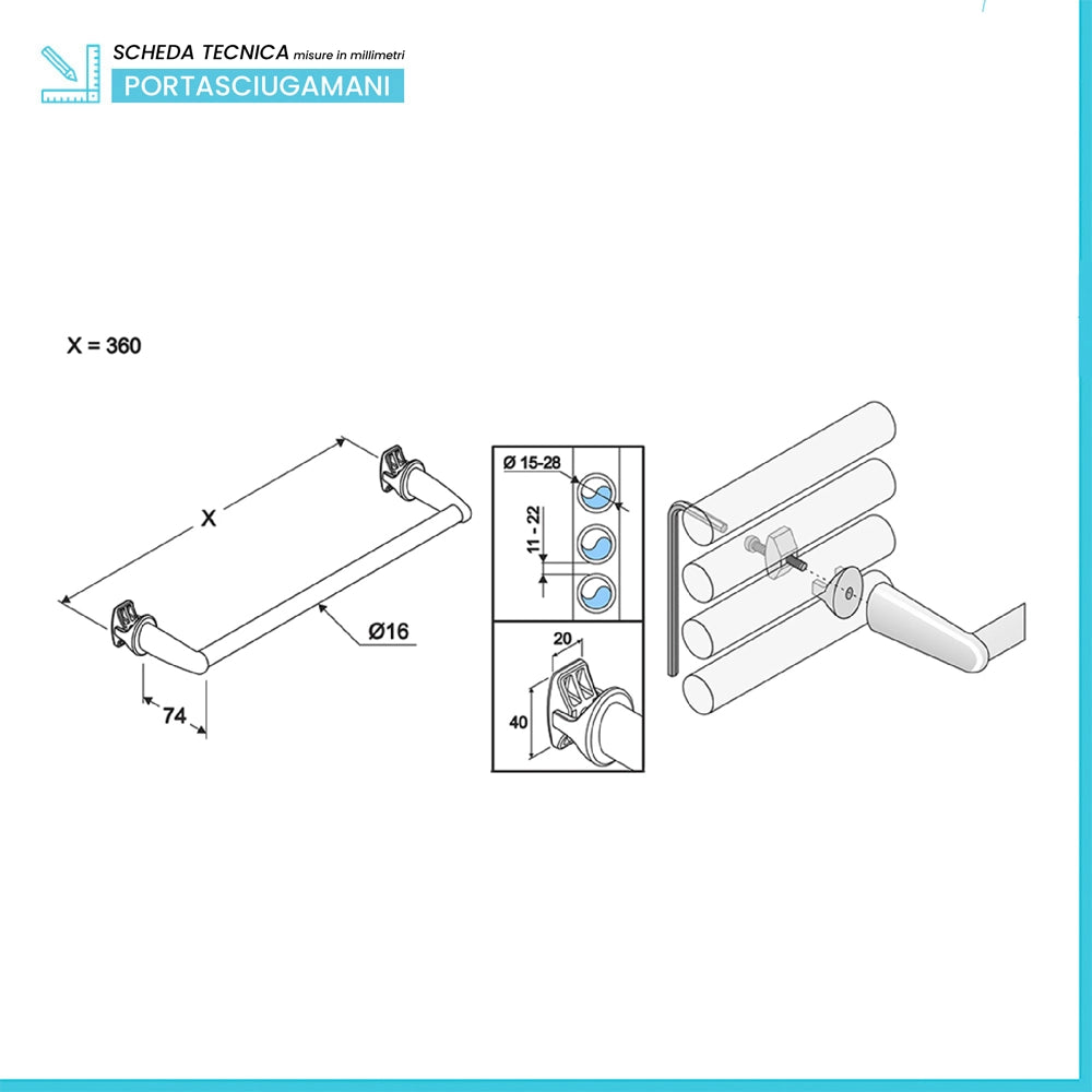 Portasciugamani Bianco 36cm Serie Smart per Scaldasalviette e Termoarredo Bianco