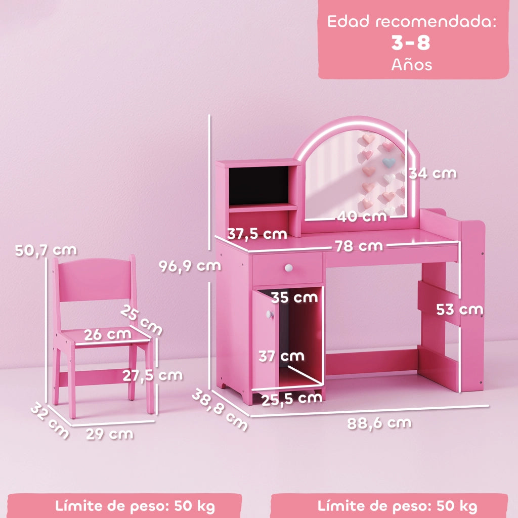 Tocador Bambini con Luce LED e Specchio ¨C Minimal ¨C Rosa, 1 Cassetto e 5 Ripiani