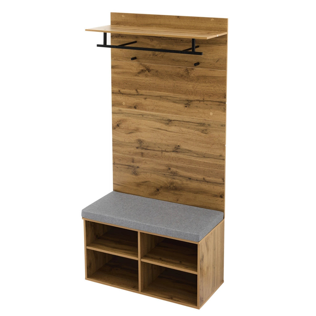 Set appendiabiti ULEVR 84x35x175 cm con panca portascarpe imbottita, ripiano regolabile e barra appendiabiti, color rovere