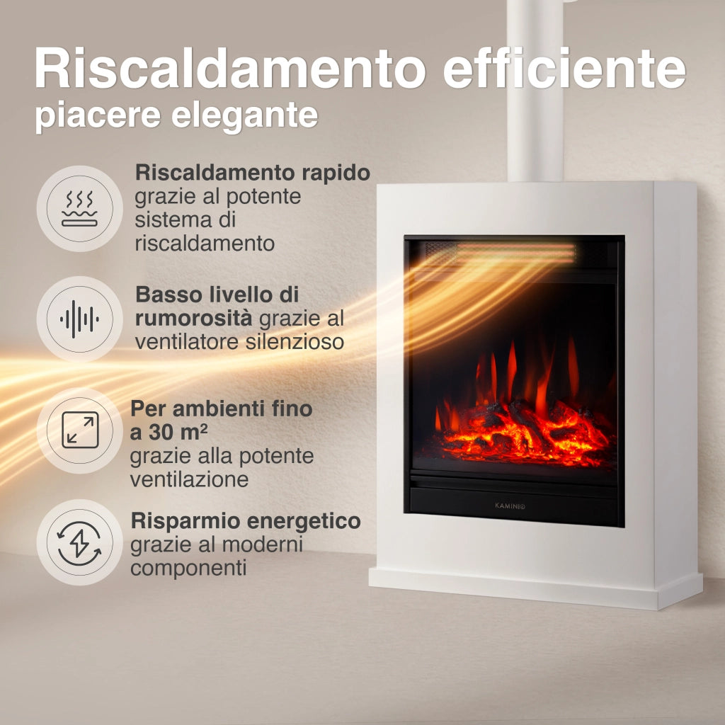 KAMINIO Camino elettrico KALLE con tubo del camino - Caminetto elettrico a pavimento con riscaldamento, effetto fiamma 3D, telecomando - Bianco