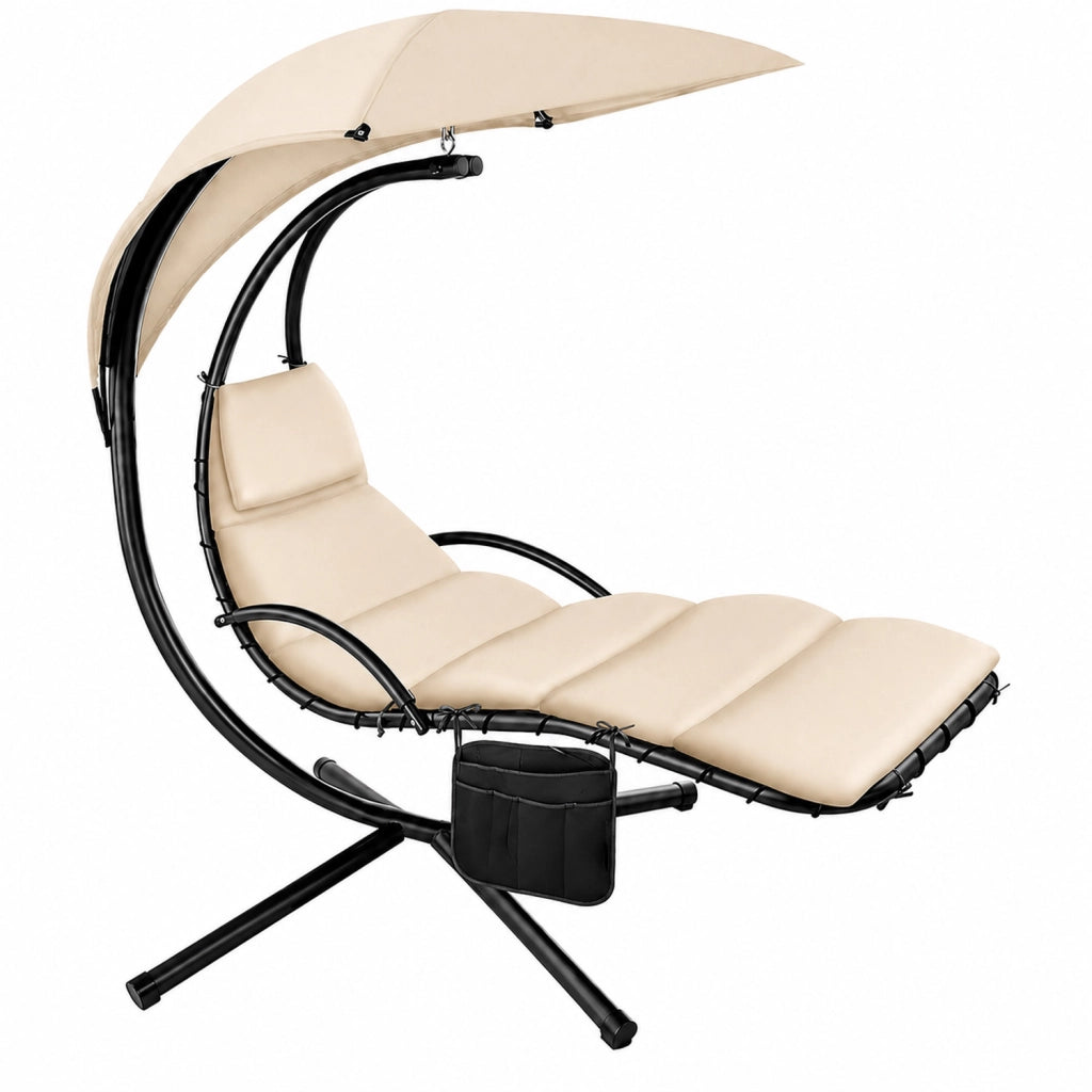 Sdraio A Sospensione Con Ombrellone Beige E Cuscino Ergonomico Amaca Da Giardino In Poliestere Resistente Per Arredamento Esterno Terrazzo Bordo Piscina Formato 195x132x197 Cm