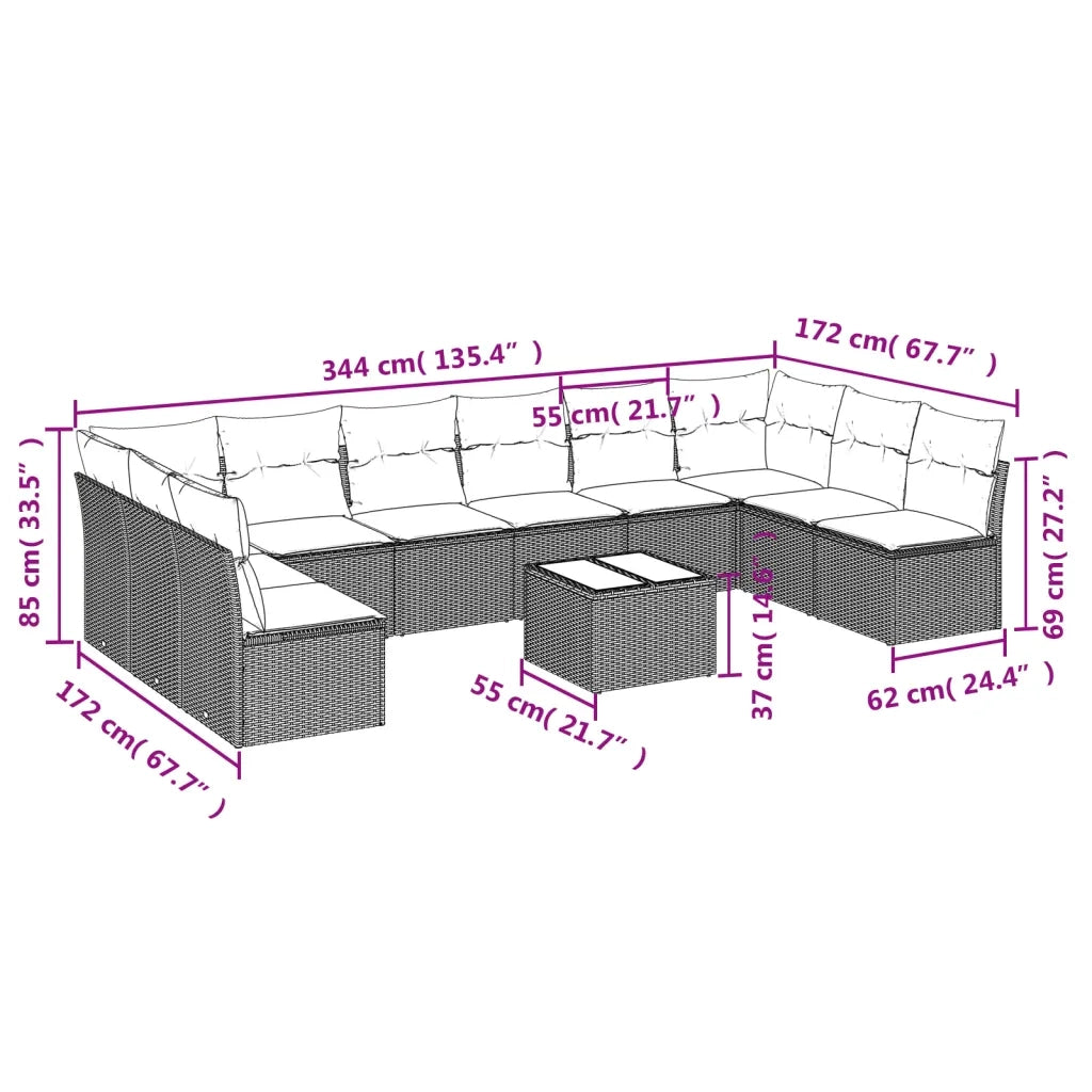 Set Divani da Giardino 11 pz con Cuscini in Polyrattan Grigio 3218100