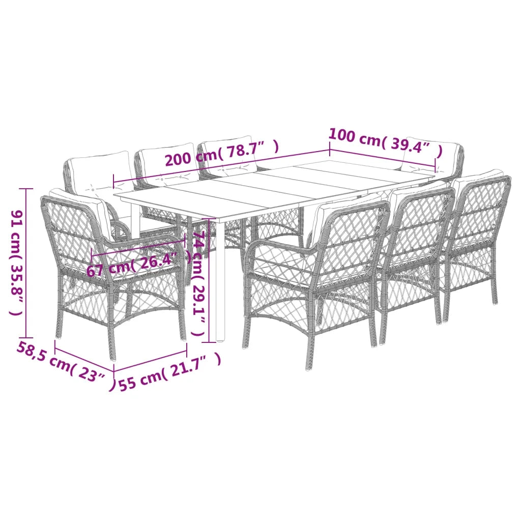 Set da Pranzo da Giardino 9 pz con Cuscini Nero in Polyrattan 3212095