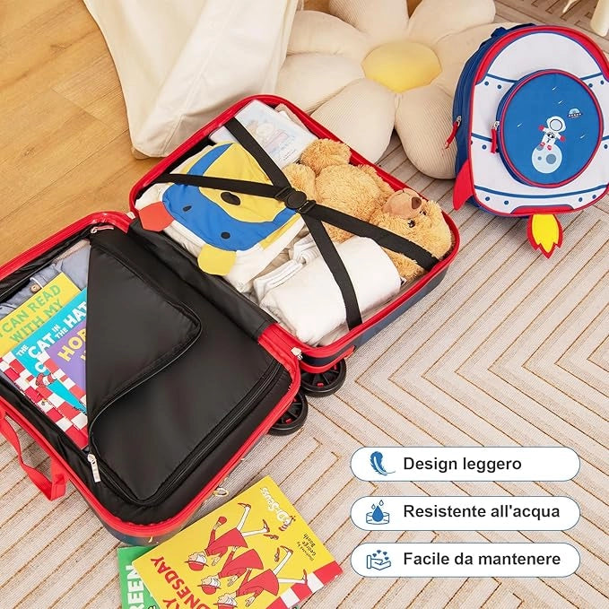 Valigia Cavalcabile per Bambini, 18" Valigia+ 12" Zaino,2 Pezzi, Trolley Bambini Bagaglio a Mano con Ruote Girevoli e Maniglia Retrattile, 2 Cingie Multiuso (Modello 4)