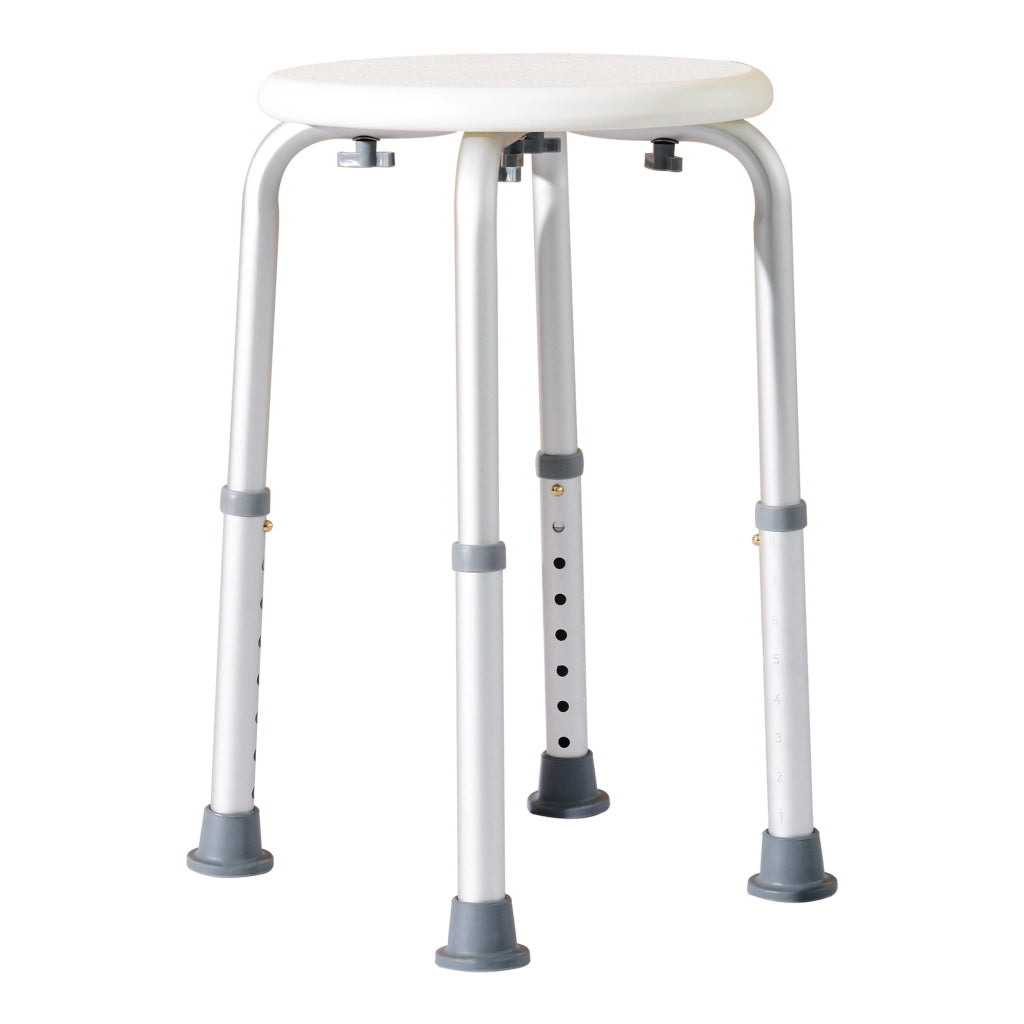 Sgabello da Doccia Girevole a 360¡ã con Piedini Antiscivolo e Regolabile in Altezza su 8 Livelli. Sgabello per Doccia in Alluminio e PE. 32.5x41x35.5-54 cm. Bianco
