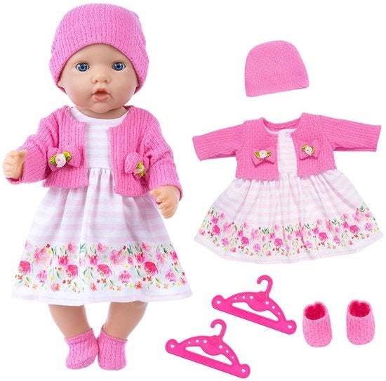 Set di vestiti per bambole 6 pezzi - Abito magenta con fiori/collo magenta - Cappello/scarpe - Appoggio - Per bambole di 35-43 cm - Materiali morbidi - Abbigliamento per bambole