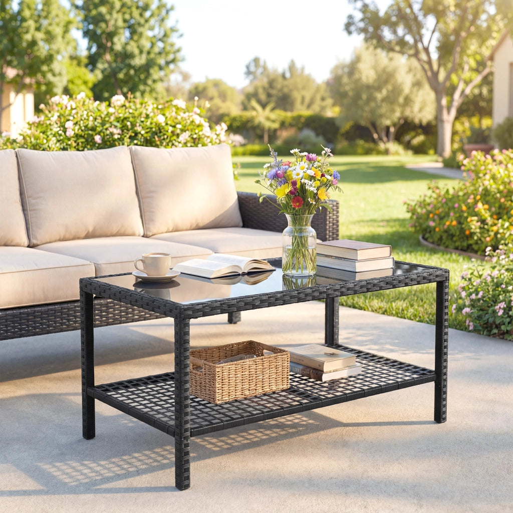 Tavolino da giardino in rattan con piano in vetro e struttura in acciaio ¨C Minimal ¨C Nero 92x50x45 cm