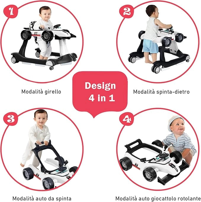 Girello per Bambini 4 in 1, Girello Pieghevole con Altezza e Velocità Regolabili, Carillon con Luci, Volante, Primi Passi per Bambini 6-18 Mesi, Portata 15 kg (Bianco)
