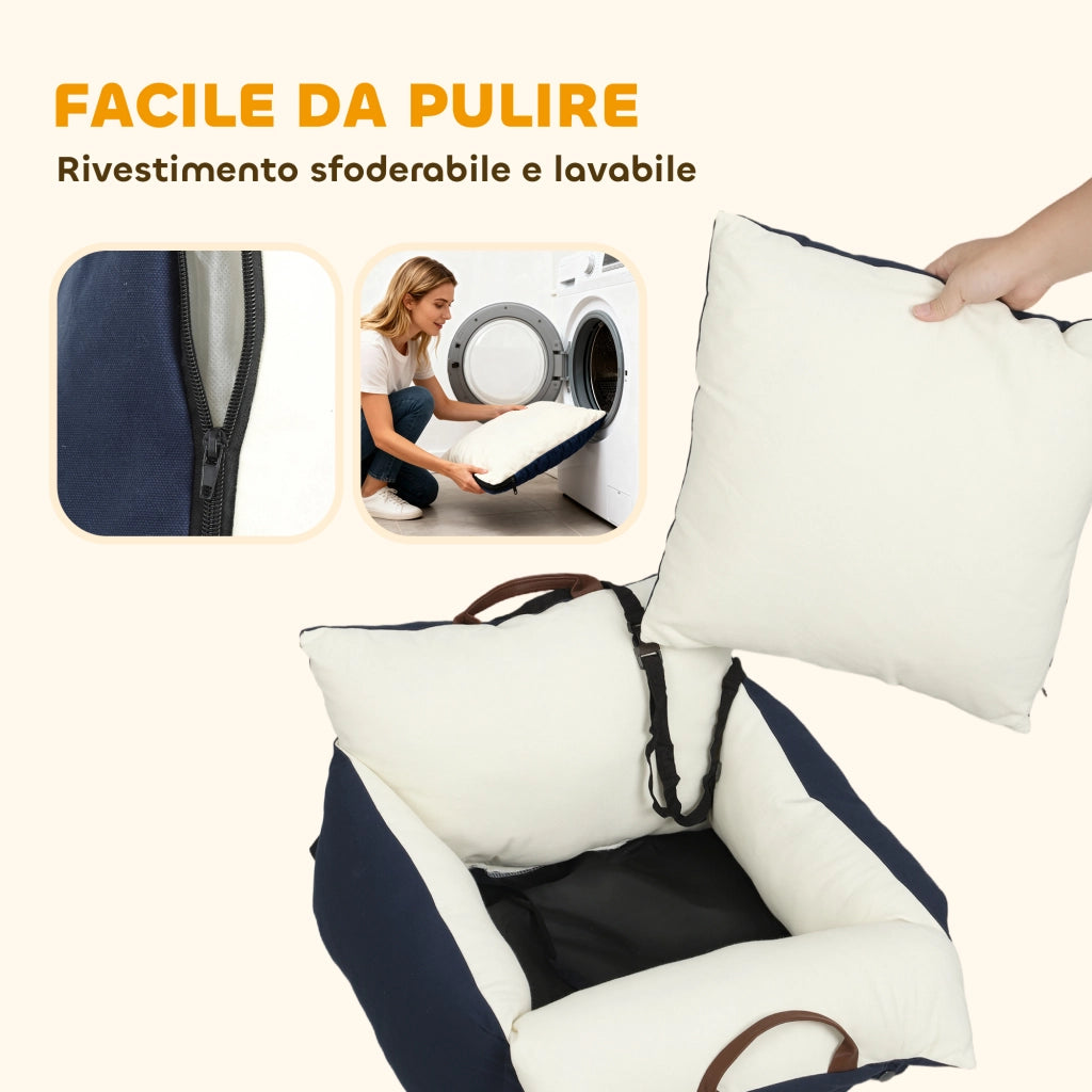 Seggiolino Auto per Cani Piccoli con Guinzaglio di Sicurezza. Sfoderabile e Lavabile. Blu