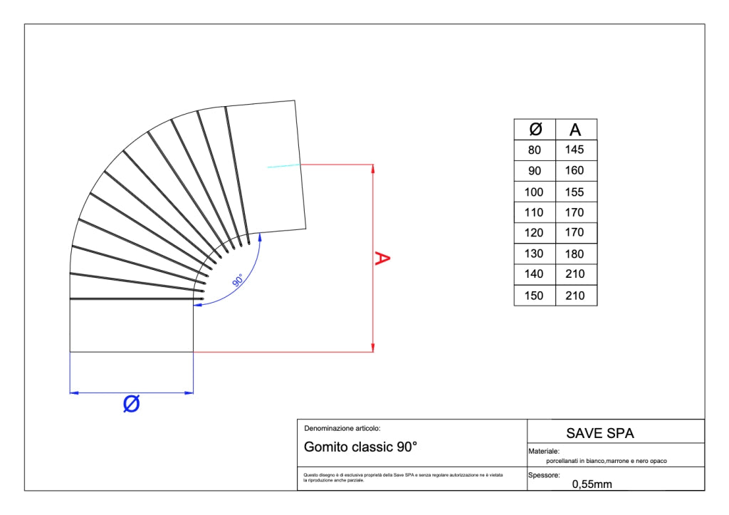 GOMITO SMALTATO 90  ° 'CLASSIC'  EE ? 150 mm - Col. marrone - SAVE
