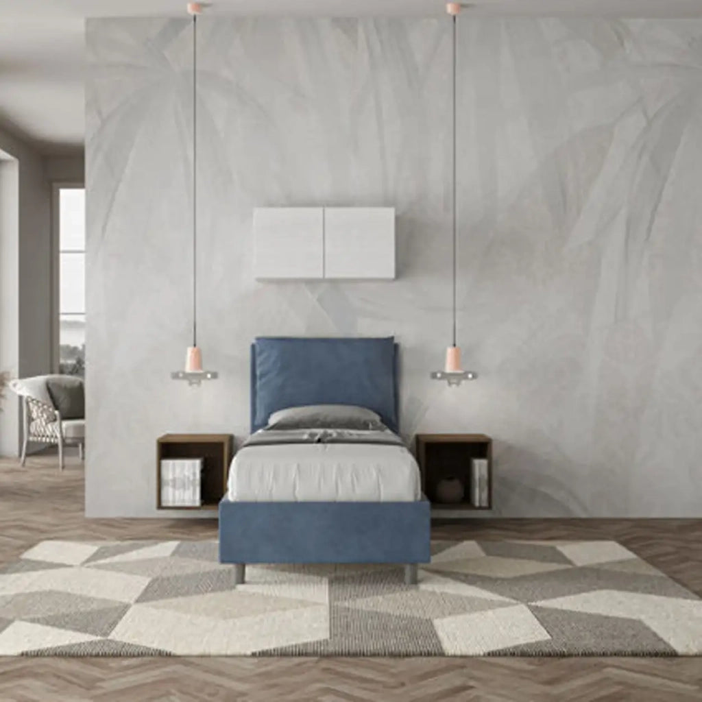 Letto singolo senza rete imbottito 80x190 microfibra blu Antea