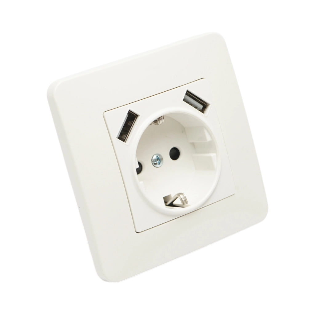 Presa schuko da incasso bianca 220V, 16A, 2xUSB 5V 2.1A, PC 80x80mm