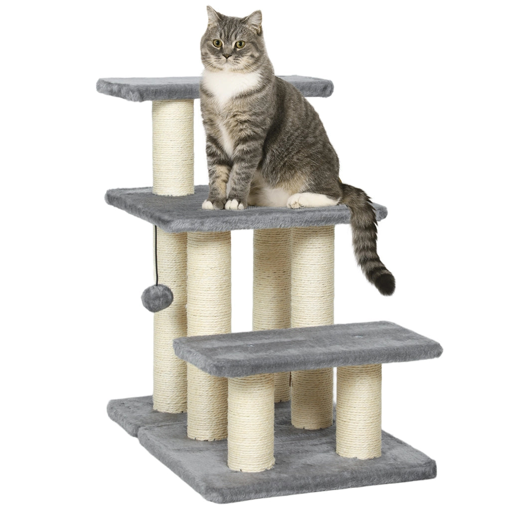 Scaletta per Cani e Gatti con 3 Scalini in Peluche e Pali Tiragraffi in Sisal. Capacit¨¤ 10 kg. Grigio