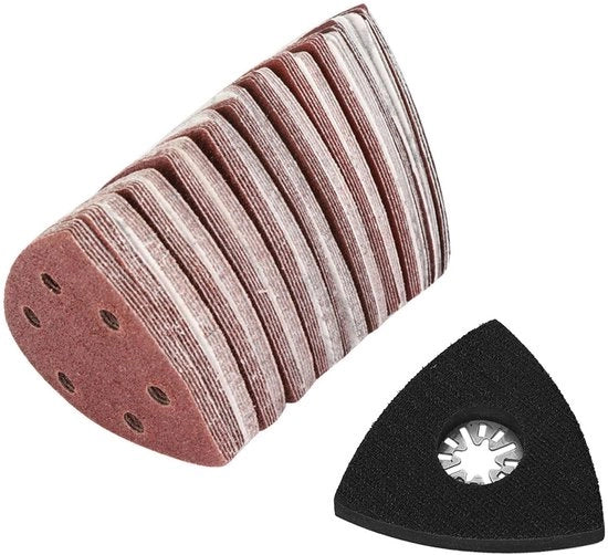 Set di abrasivi 100 pezzi - carta abrasiva a forma di triangolo 80 mm - carta abrasiva fine - striscia di abrasione - nastro adesivo - peso 414 g