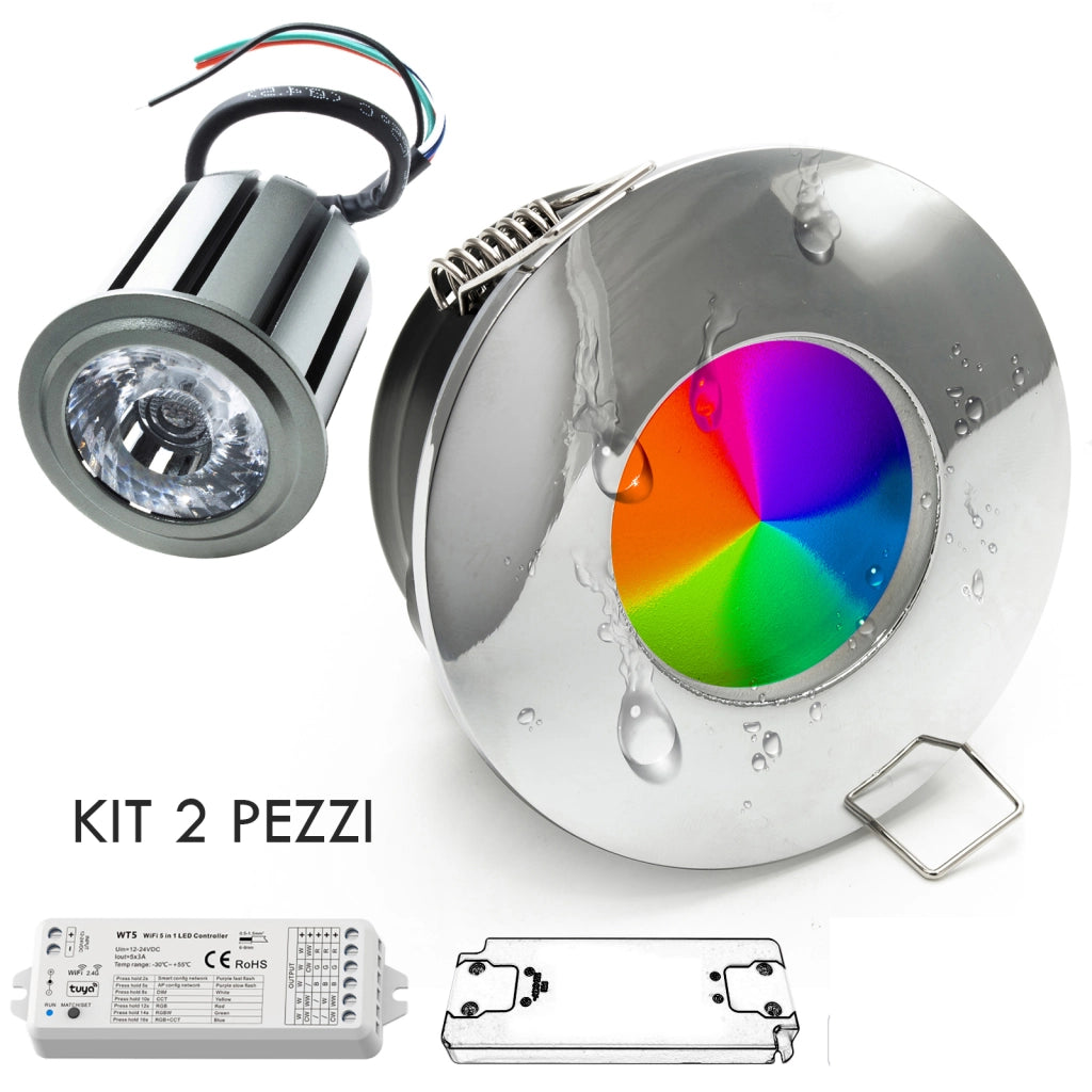 Faretto RGB KIT SMART cromoterapia box doccia luce incasso IP65 24V LED 12W WiFi Alexa Google RGBW 3000K CROMATO KIT 2pz