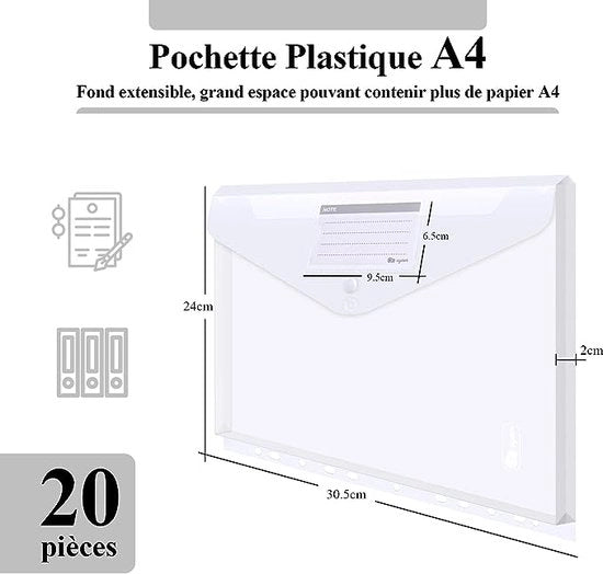 Documentenmap A4 20 pezzi - Documentenorganizzatore A4 senza dimensione, con 2 pulsanti, 11 aperture per legacci e tasca per etichette per l'organizzazione dei documenti, fino a 270 fogli di carta