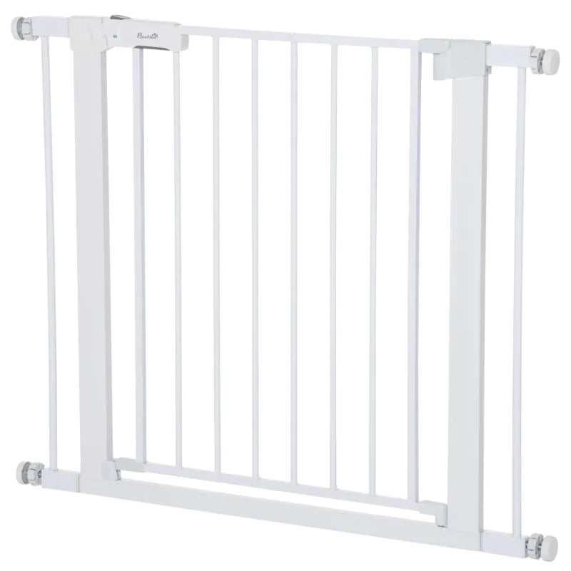 Cancelletto di sicurezza per bambini in metallo bianco, larghezza regolabile 75-96 cm, montaggio senza forare, apertura con una mano, chiusura automatica