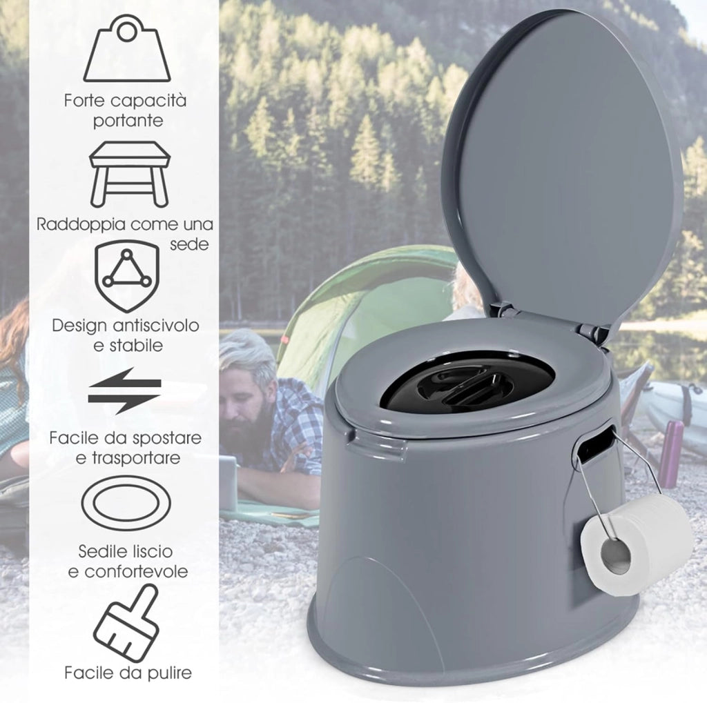 Toilette Portatile WC Chimico, WC da Viaggio Leggero con Secchio Interno Rimovibile,Water Portatile per Adulti e Anziani con Portarotolo, Supporto Carico 200 kg, 41 x 49 x 34 cm (Grigio)