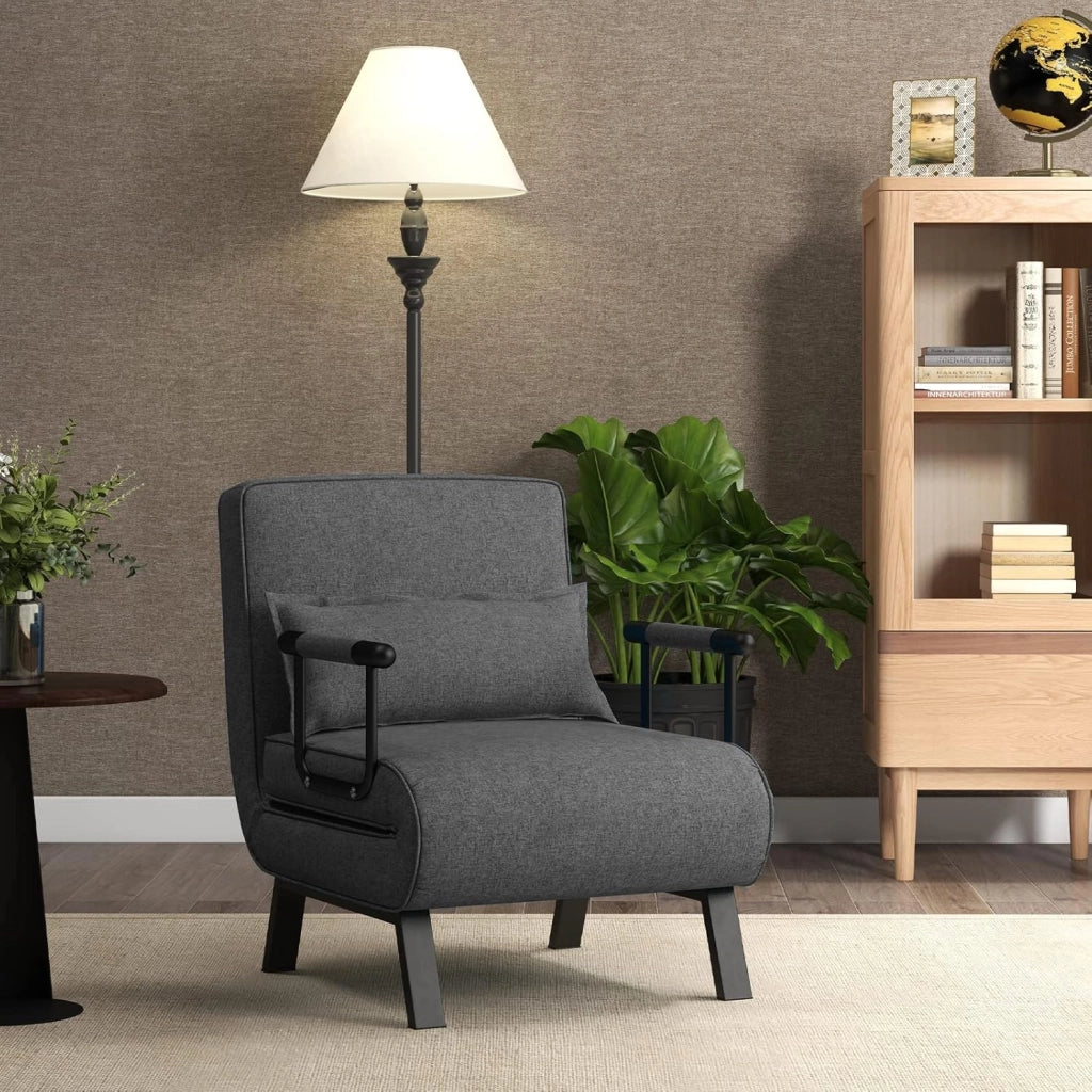 4 in 1 Poltrona Letto Singolo, Poltroncina Pieghevole con Schienale Regolabile in 6 Posizioni, Sedile Imbottito Robusto, Divano Letto per Casa Ufficio, 79x65x79 cm (Grigio scuro)