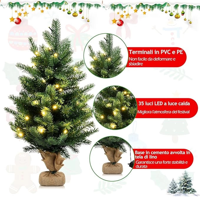 Mini Albero di Natale 60/90 cm, Albero di Natale Piccolo con 35/50 Luci LED di Bianco Caldo, 234/363 Rami e Base in Cemento, Timer per Risparmio Energetico, Verde (60 cm)