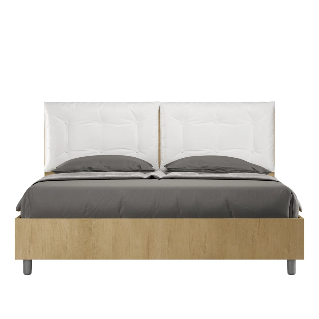 BS COM Letto matrimoniale contenitore 160x200 quercia cuscini similpelle bianco